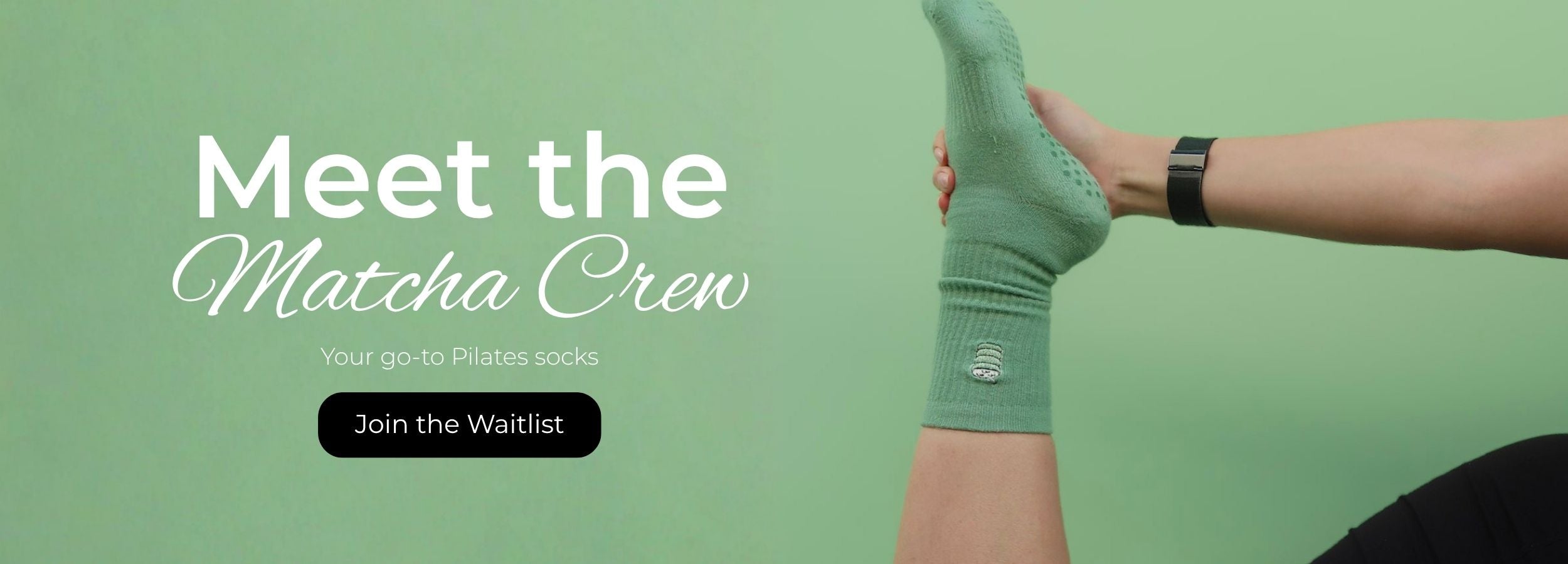Promotional banner for matcha green socks with a person wearing a sock, on a green background.