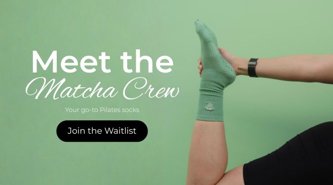 Person wearing green Pilates socks with text promoting a waitlist for matcha-colored Pilates socks.