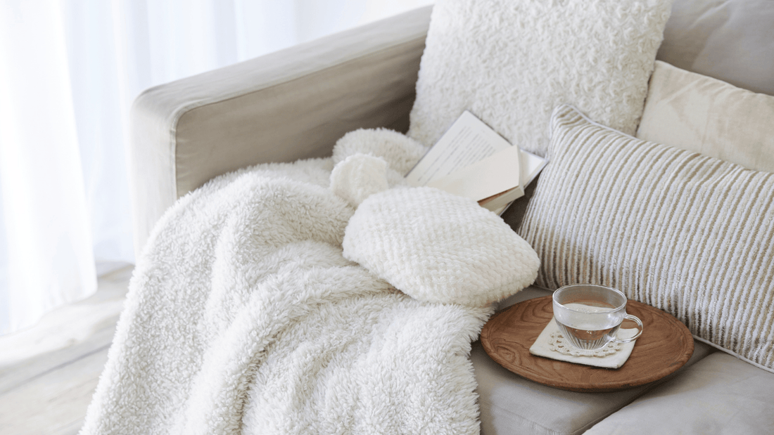 cozy couch with pillows, blanket and water