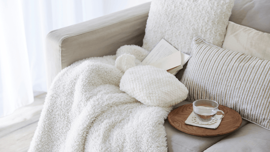 cozy couch with pillows, blanket and water