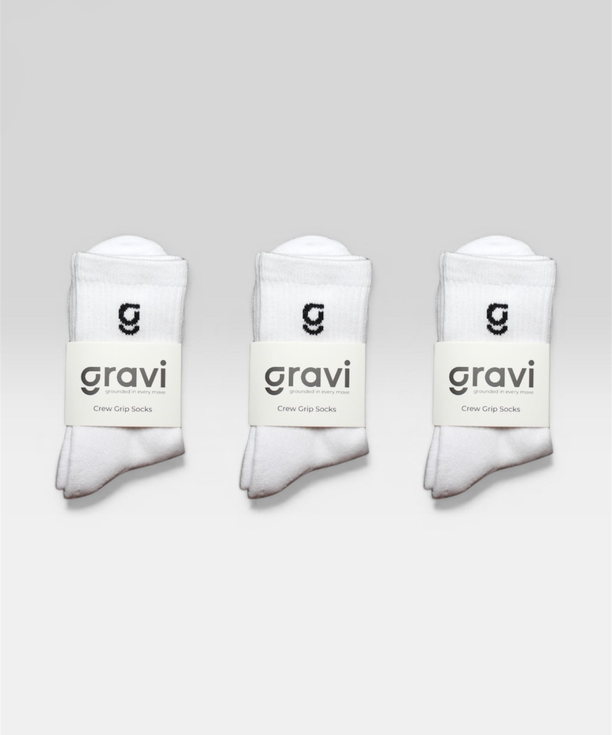 3 Gravi white crew grip socks with 'G' jacquard knit