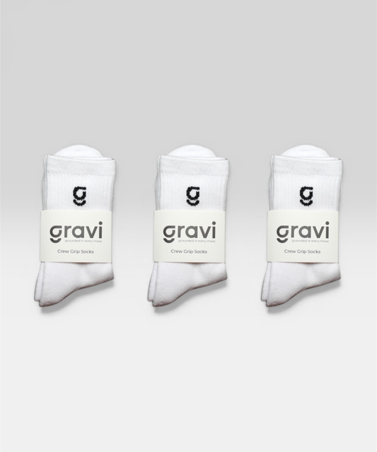 3 Gravi white crew grip socks with 'G' jacquard knit