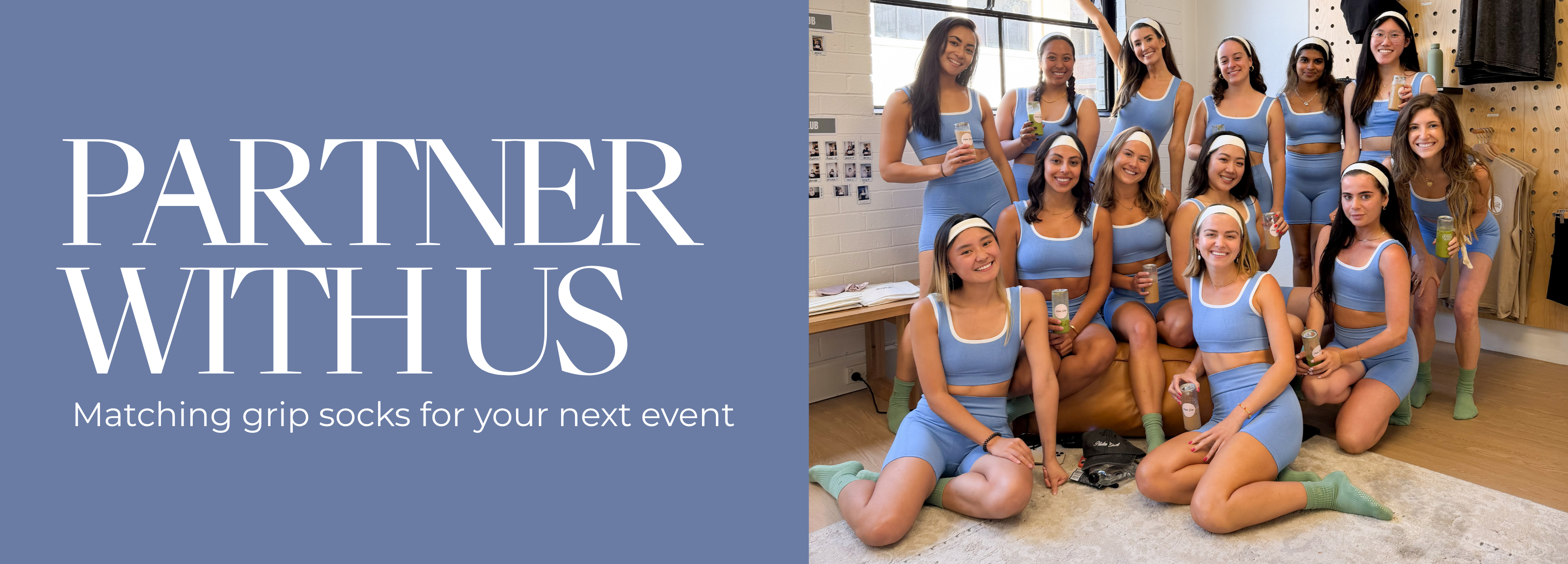 Group of women in matching blue outfits and matching Matcha Crew grip socks with text 'Partner With Us' on a blue background