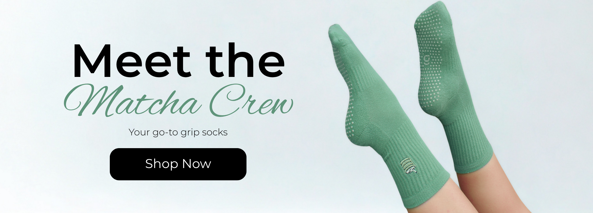 Green socks with text 'Meet the Matcha Crew' and 'Shop Now' button on a light gray background