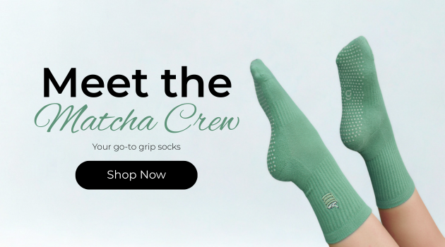 Green grip socks with text promoting a product line on a light blue background