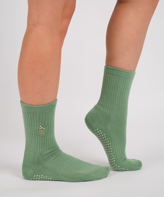 Matcha crew grip socks pictured on feet