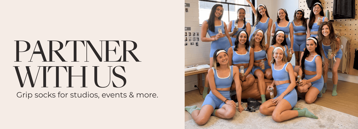 Group of women in matching blue outfits and matching Matcha Crew grip socks with text 'Partner With Us' on a cream background